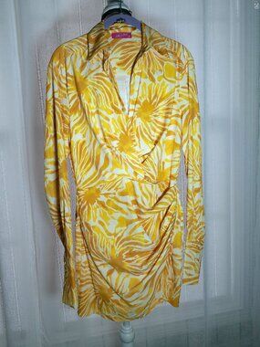 LILLY'S KLOSET Long Slve Wrap Around Size Zip White w/Yellow Floral Mini Dress S